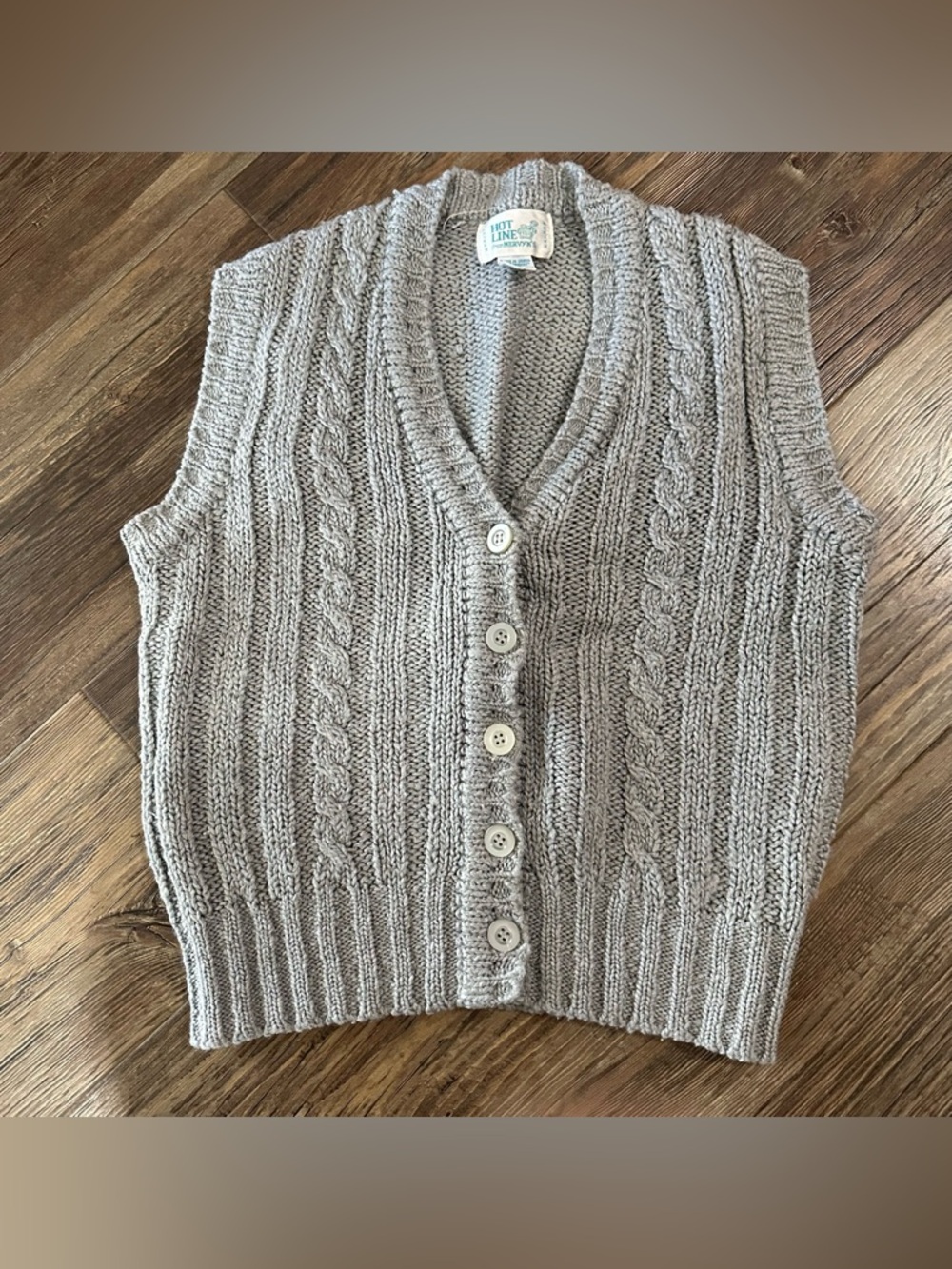 VTG Hot Line by Mervyns gray cable knit sweater vest button up womens L v-neck